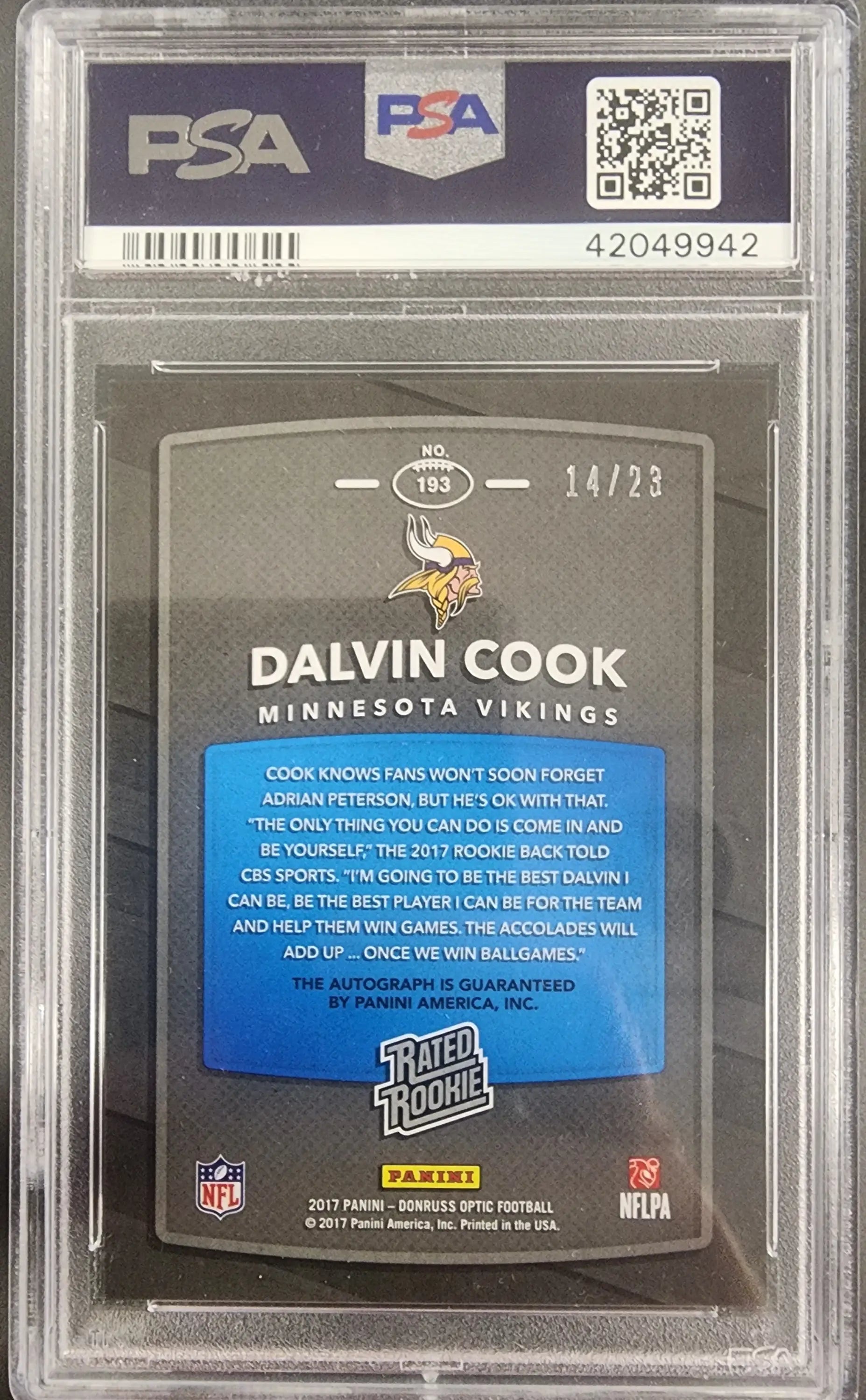 Dalvin Cook 2017 Panini Playoff Optic Preview Auto #14/23 PSA 10 Gem Mint - Singles