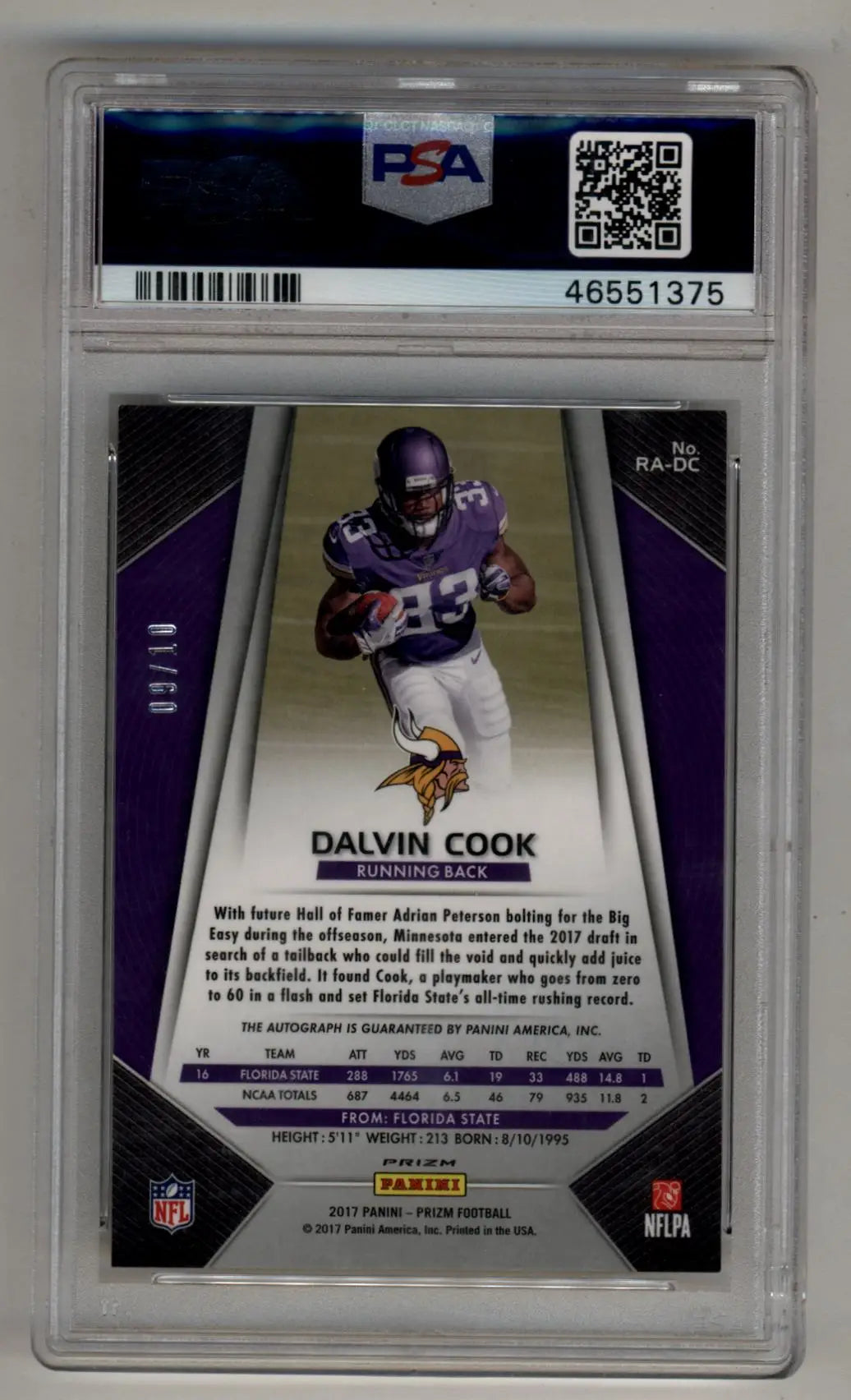 Dalvin Cook 2017 Prizm Rookie Auto Gold 09/10 PSA 9 Mint - Singles