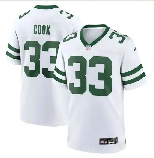 White and green Dalvin Cook New York Jets Nike Legacy Player Jersey featuring number 33