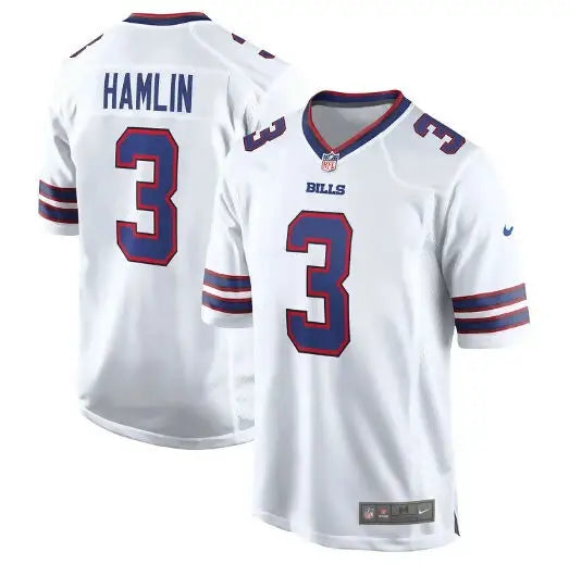White Buffalo Bills Damar Hamlin #3 Nike Game Jersey displayed for sale