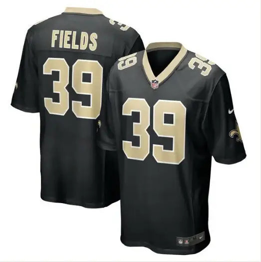 Two black and gold Orleans Saints Nike Damarcus Fields player jerseys with number 39