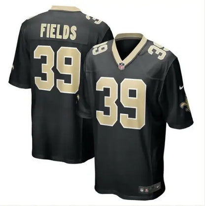 Two black and gold Orleans Saints Nike Damarcus Fields player jerseys with number 39