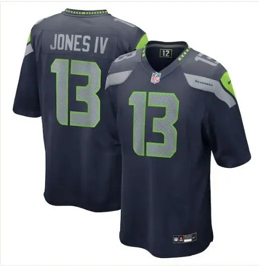 Dark blue Seahawks football jersey with 13 and JONES IV 13 Nike Game Jersey College Navy