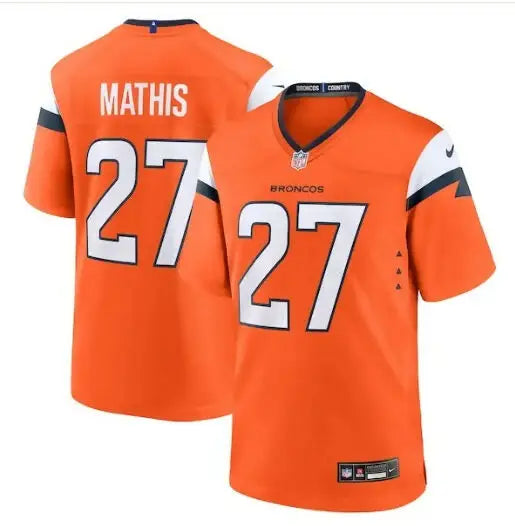 Orange Denver Broncos Damarri Mathis #27 football jersey displayed in product image