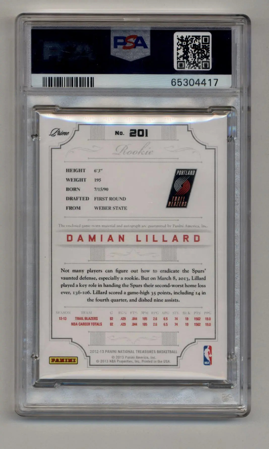 PSA-graded Damian Lillard 2012-13 Panini National Treasures card back side