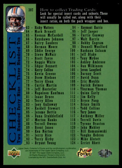 Football card checklist featuring Dan Marino from 1997 Collector’s Choice Miami Dolphins