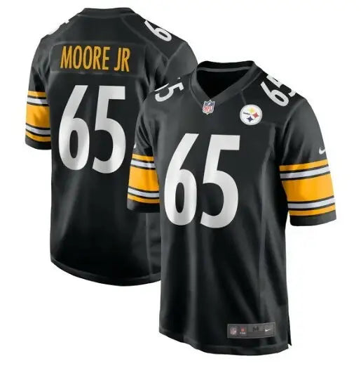Black Pittsburgh Steelers Dan Moore Jr. Nike Game Jersey with MOORE JR and 65 in yellow and white