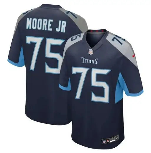 Navy and light blue Tennessee Titans Dan Moore Jr. football jersey with number 75