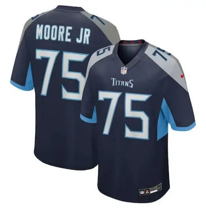 Navy and light blue Tennessee Titans Dan Moore Jr. football jersey with number 75