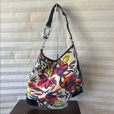 Oversized floral canvas Dana Buchman tote bag with black leather strap for summer style