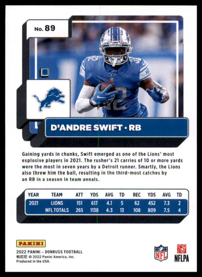 D’Andre Swift football card from 2022 Donruss Detroit Lions product