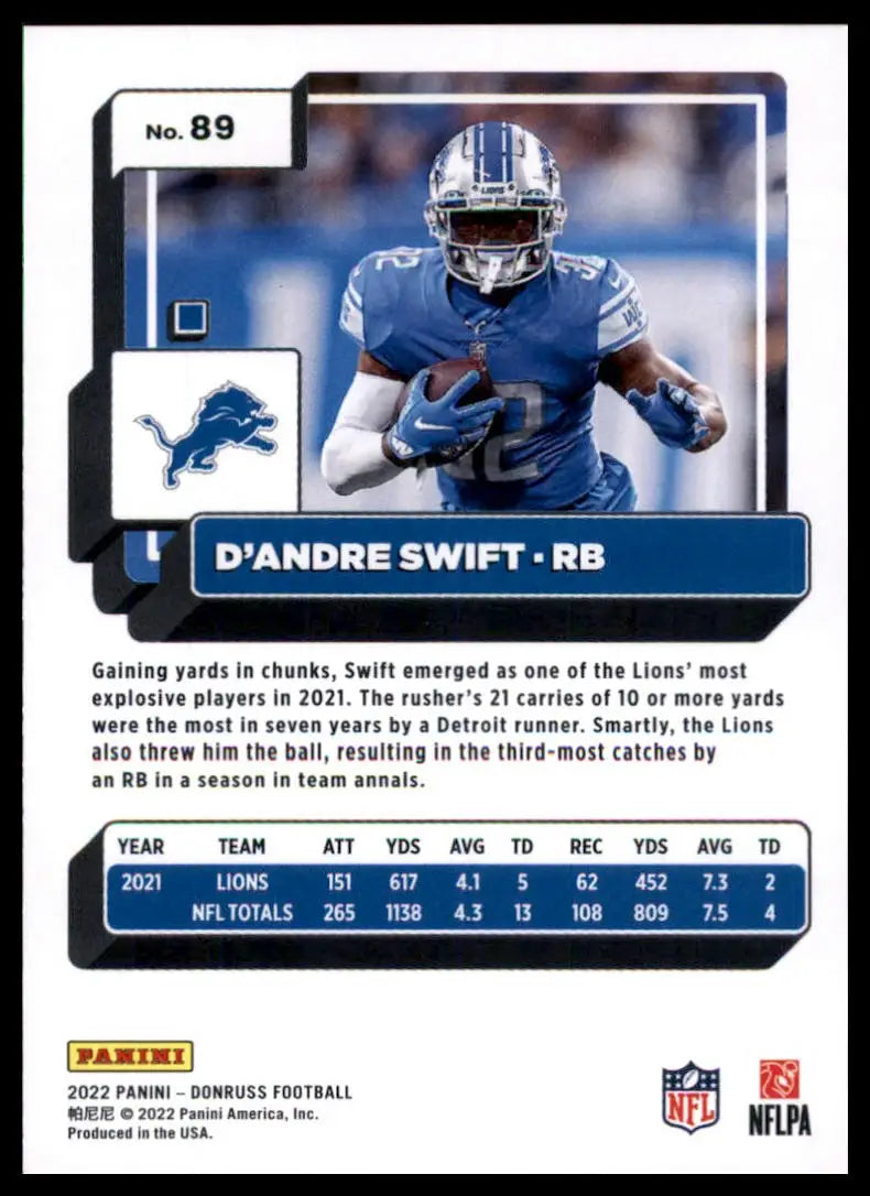 D’Andre Swift 2022 Donruss football card featuring Detroit Lions player