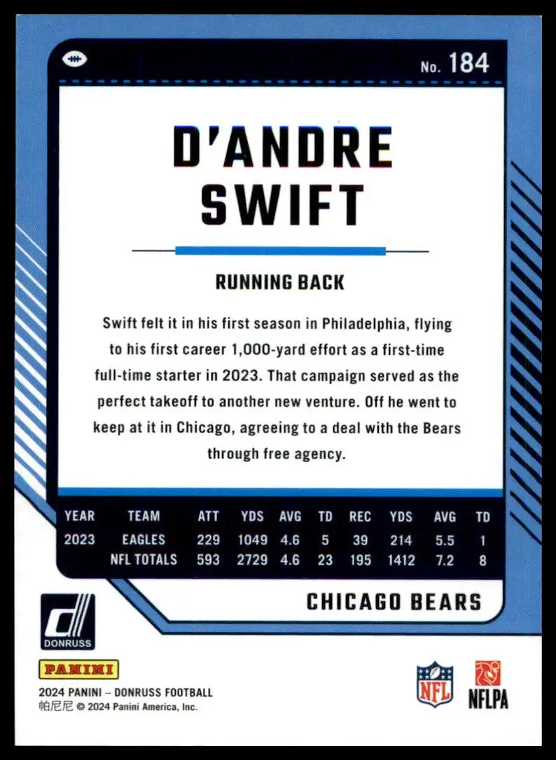 D’André Swift 2024 Donruss football card featuring Chicago Bears player