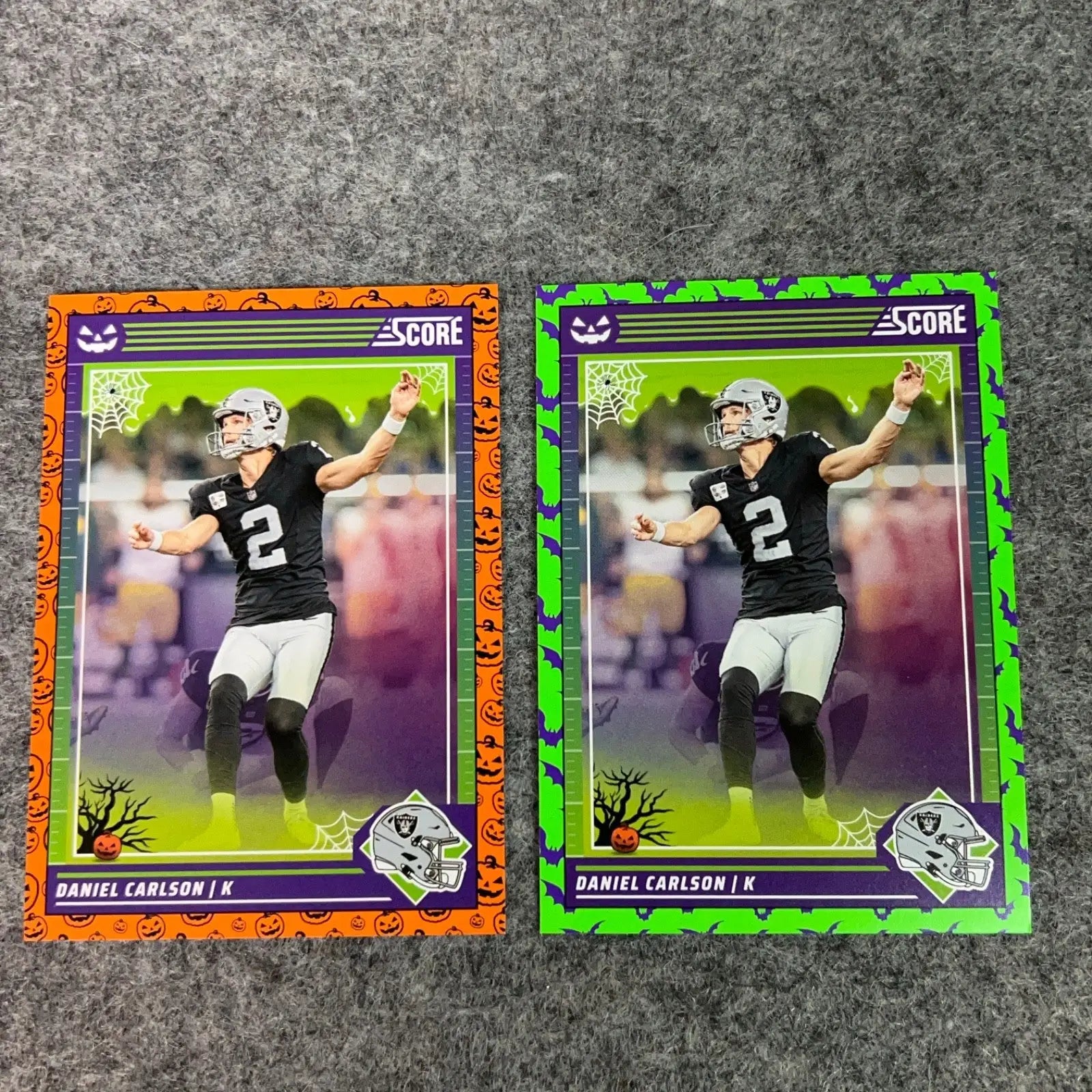 Halloween-themed American football trading cards featuring Daniel Carlson for the Las Vegas Raiders