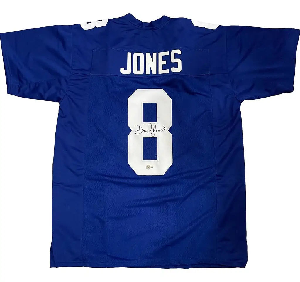 Blue Daniel Jones Autographed New York Giants Jersey with COA, ideal for sports memorabilia collectors