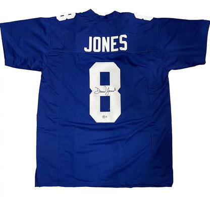 Blue Daniel Jones Autographed New York Giants Jersey with COA, ideal for sports memorabilia collectors