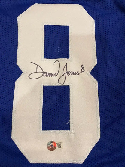 Daniel Jones autographed blue jersey with signed white number 8 for Giants fans