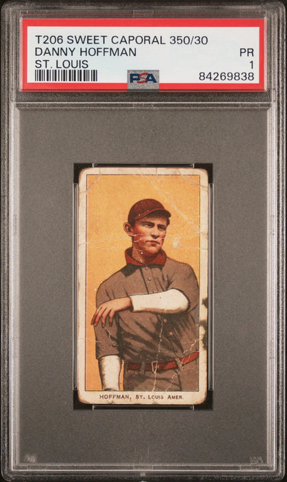 PSA-graded T206 Sweet Caporal card featuring Danny Hoffman in dark uniform with crossed arms