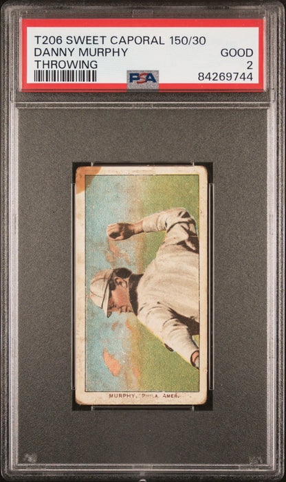 PSA-graded Danny Murphy T206 Sweet Caporal card featuring player fielding a baseball