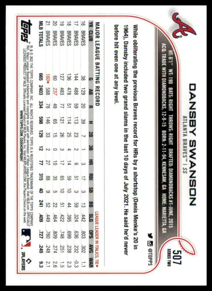 Dansby Swanson baseball card from 2022 Topps #507 Atlanta Braves collection
