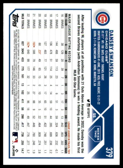 Dansby Swanson baseball card from 2023 Topps Chicago Cubs series