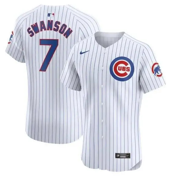 White pinstripe baseball jersey displayed on Dansby Swanson Chicago Cubs Nike Home Elite Player Jersey