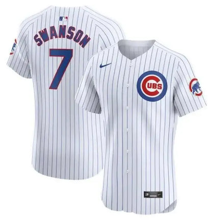 White pinstripe baseball jersey displayed on Dansby Swanson Chicago Cubs Nike Home Elite Player Jersey