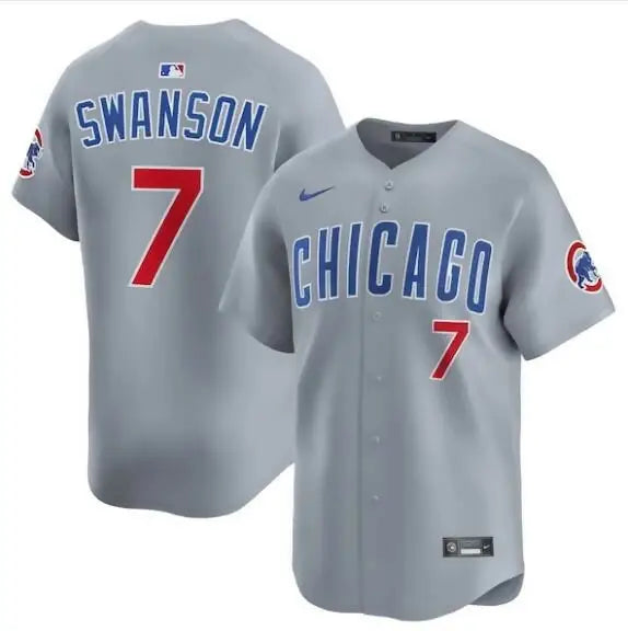 Gray Chicago Cubs Nike Road Limited Player Jersey featuring Dansby Swanson logo