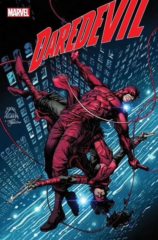 Comic book cover of Daredevil showcasing Matt Murdock in dynamic cityscape pose
