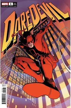 Red-costumed superhero Daredevil by Aaron Kuder in dynamic leaping pose for trading cards