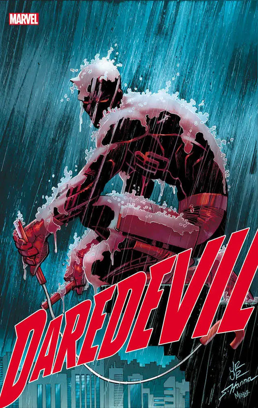 Red-costumed figure in the rain from Daredevil #1, perfect for trading cards collectors