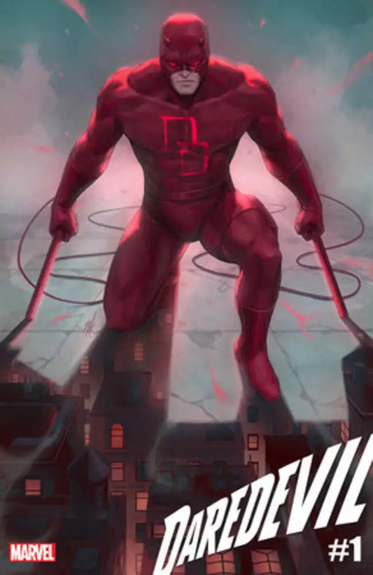 Muscular superhero in red costume crouching for Daredevil #1 Ejikure Variant trading card