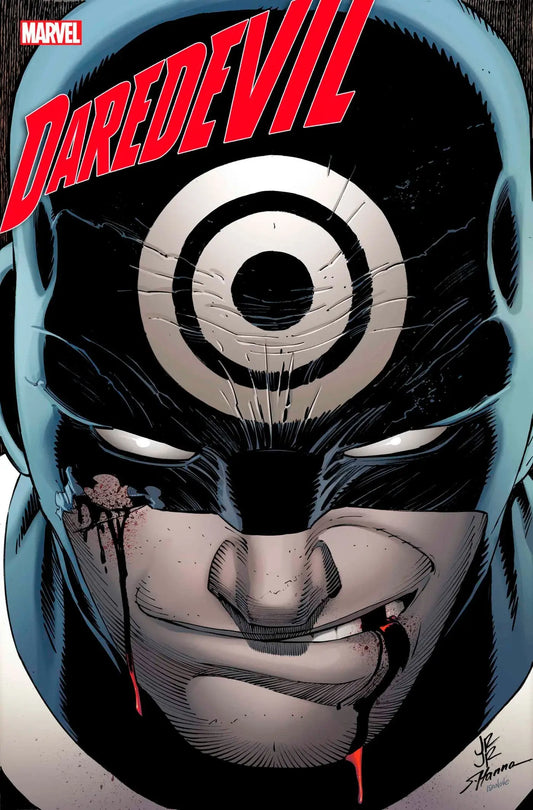 Close-up of Daredevil’s masked face with bullseye design for trading cards collection