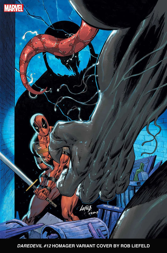 Deadpool and Spider-Man scaling a dark surface in Daredevil 12 Rob Liefeld Homager Variant trading cards