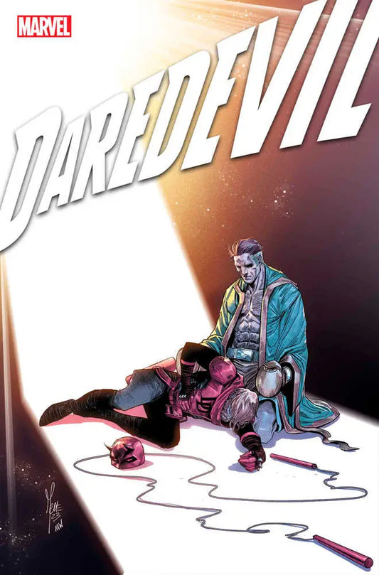 Comic book cover art for Daredevil #13 featuring a figure in teal coat under dramatic lighting