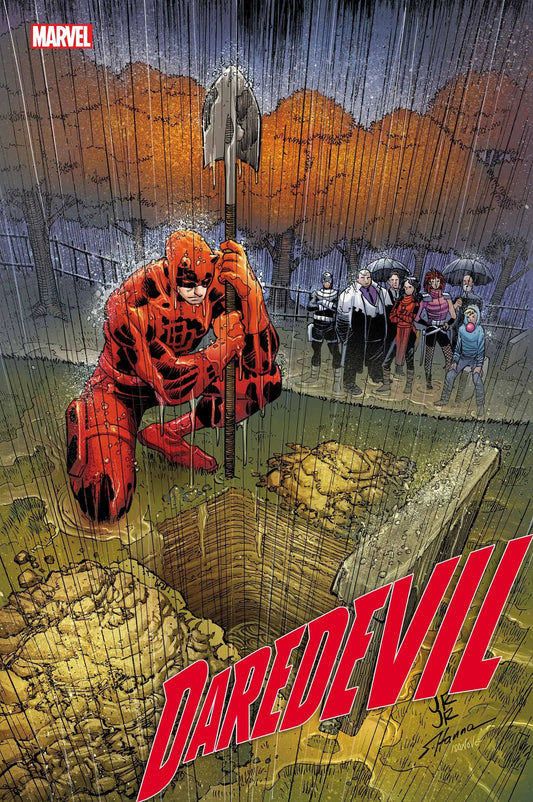 Marvel universe Daredevil epic comic book cover of Daredevil digging a grave in rain