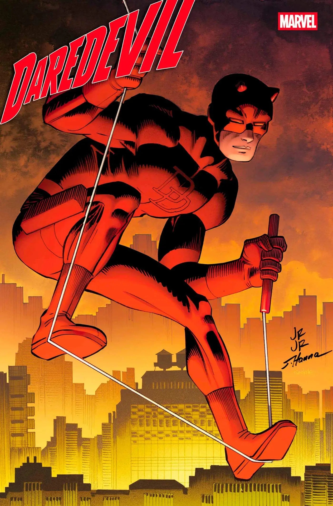 Daredevil comic book cover featuring Daredevil in his red suit swinging over Hell’s Kitchen skyline