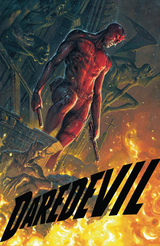 Comic book cover featuring Daredevil in a red suit from Daredevil #24 Davide Paratore Variant in Hell’s Kitchen