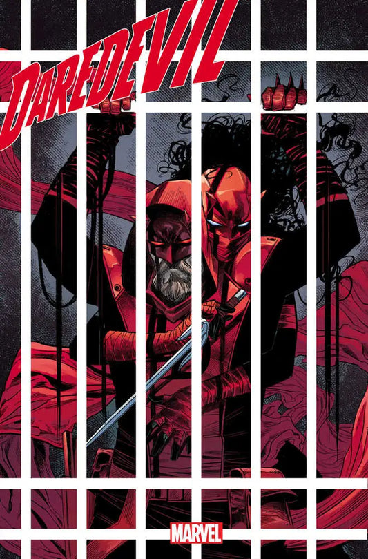 Daredevil #5 comic book cover showcases Matt Murdock behind prison bars in bold red and black