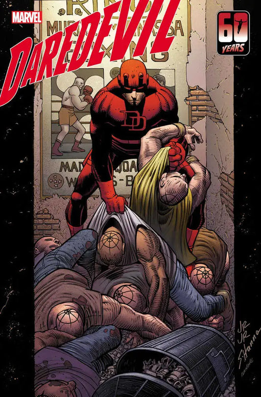 Daredevil standing victorious over foes, featured in Daredevil #8 trading cards