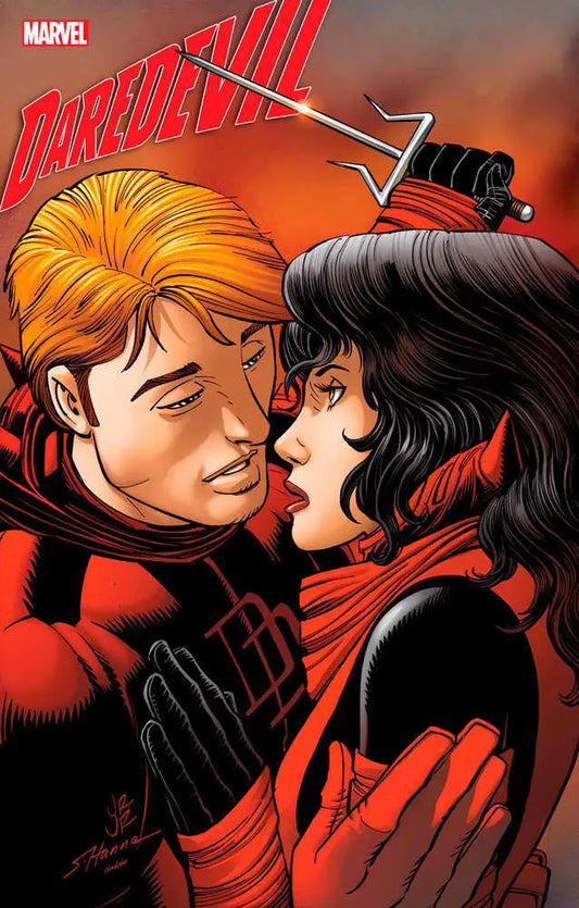Daredevil #9 comic book cover art with heroes in red and black costumes embracing