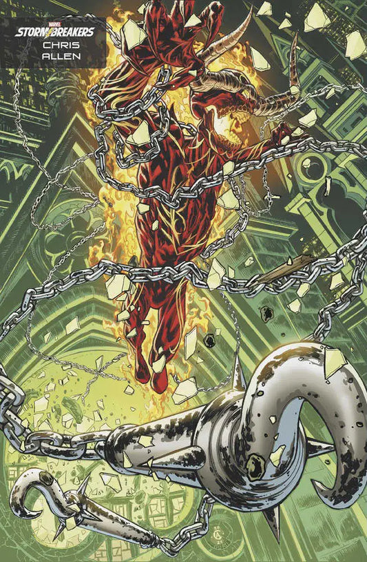 Red robotic figure breaking free in Daredevil #9 Chris Allen Stormbreakers Variant trading card