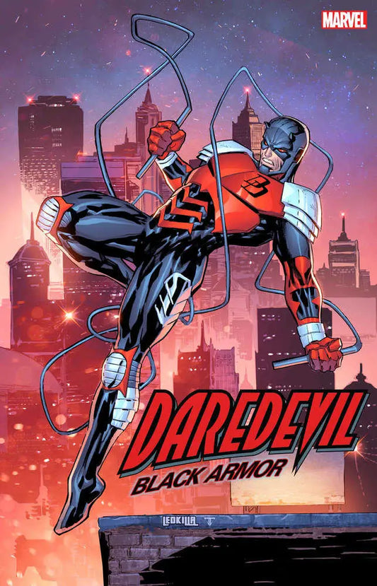 Red and black armored superhero swinging across cityscape in Daredevil trading cards