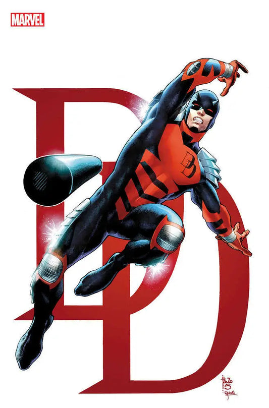 Red-costumed superhero leaps against DD logo in Daredevil trading card variant