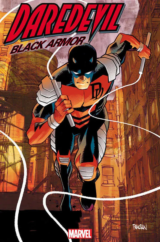 Daredevil in red and black armor swinging with cables on Dan Panosian Variant trading card