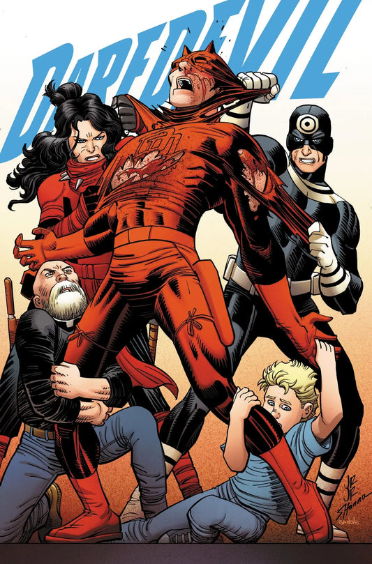 Comic book cover of Daredevil torn apart by characters from Hell’s Kitchen by Saladin Ahmed