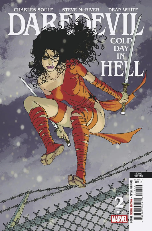 Comic book featuring Elektra with katanas in snowy setting from Daredevil Cold Day Steve McNiven 2nd Print Variant