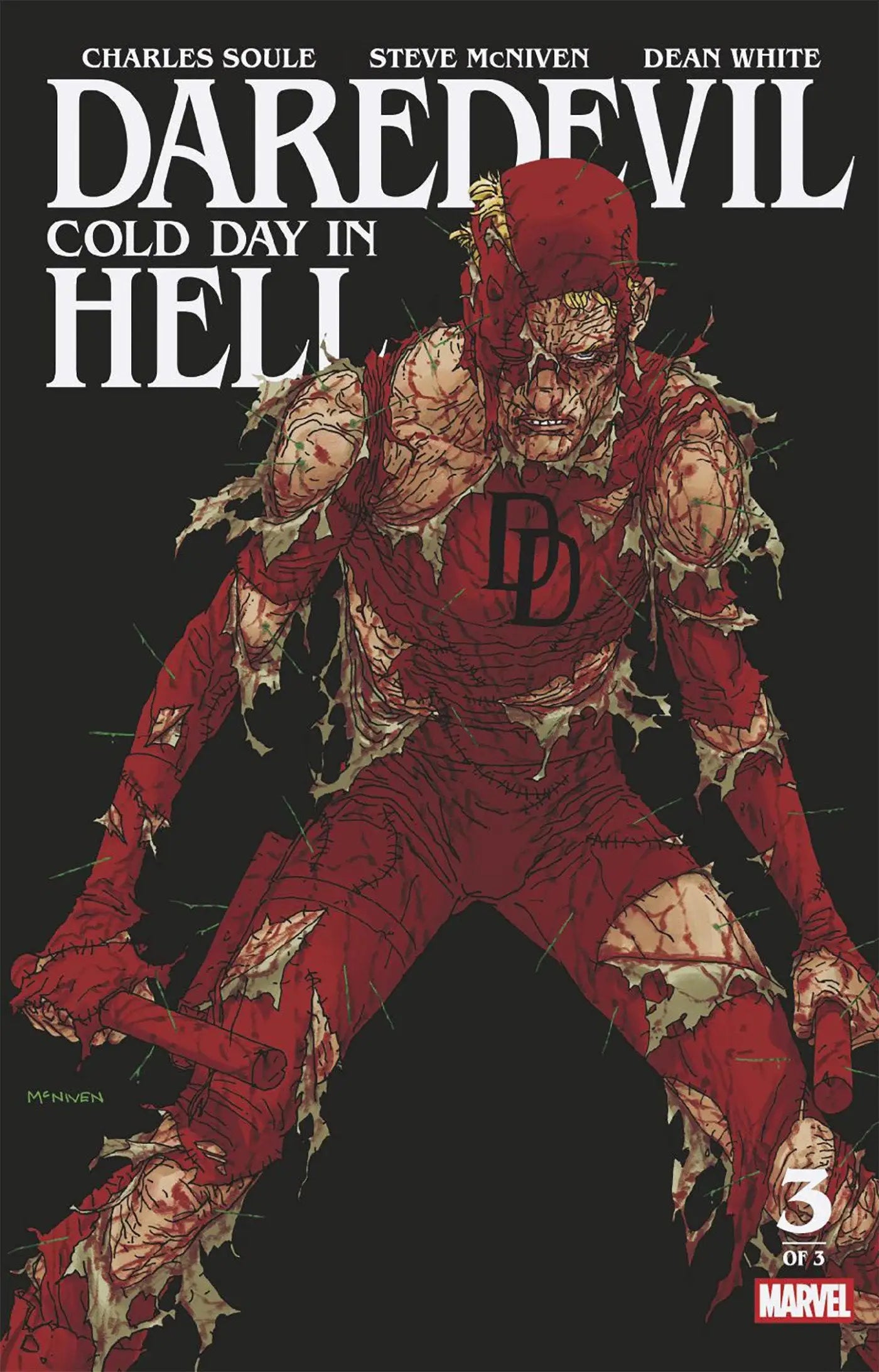 Tattered zombie-like Daredevil in red suit from Daredevil Cold Day comic book