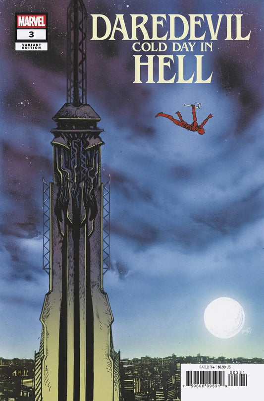 Daredevil Cold Day In Hell #3 Daniel Warren Johnson Variant comic book falling past building under moonlight