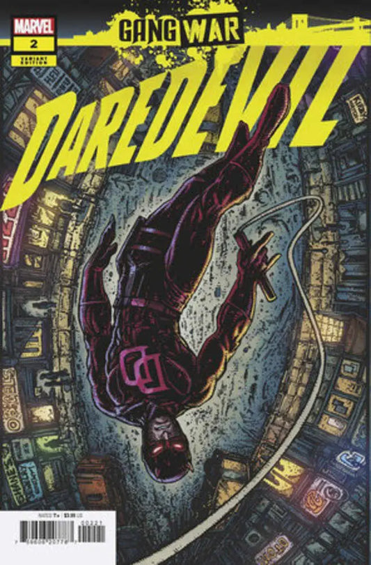 Daredevil Gang War #2 Kevin Eastman Variant cover with superhero diving through neon city